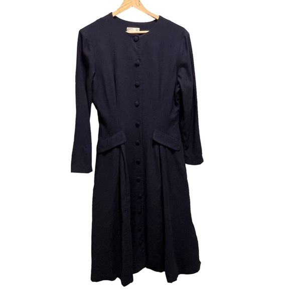 Vintage Talbots Navy Blue Wool Long Sleeve Button Down Maxi Dress Size 8 - Picture 2 of 11